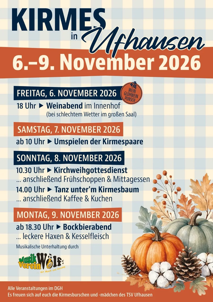 Flyer zur Kirmes in Ufhausen vom 6. bis 9. November 2026 mit dem Programm aller vier Tage